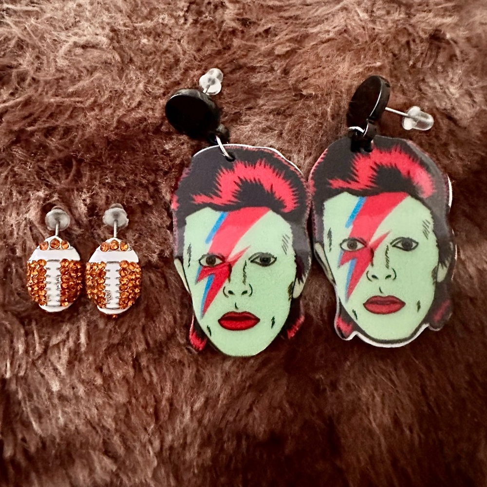 Football and David Bowie earrings, pierced
